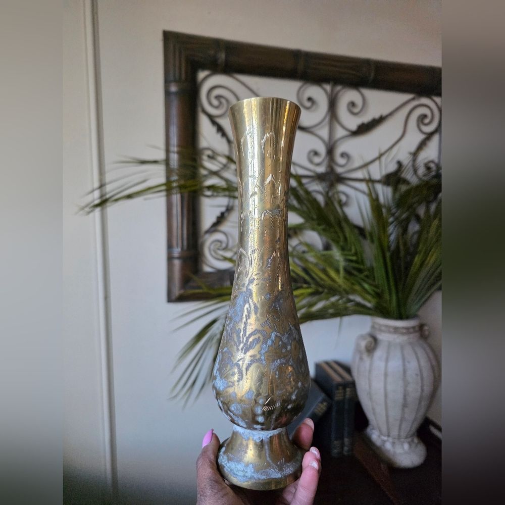 Vintage Bass Stem Bud Vase Tall Etched 11 1/4'H